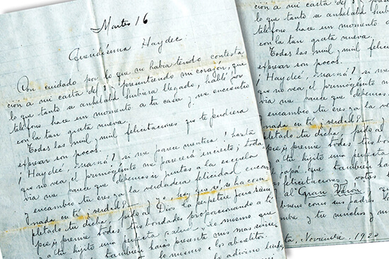 Carta de Isabel donde felicita a Haydée por el nacimiento de su primogénito Guillermo Serafín.