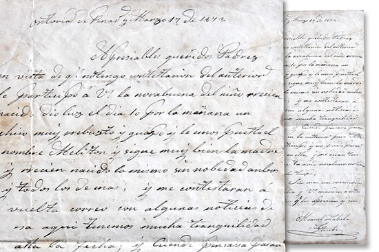 Marzo de 1873 Manuel Zabala participa a sus padres por carta del nacimiento de su hijo Melitón.