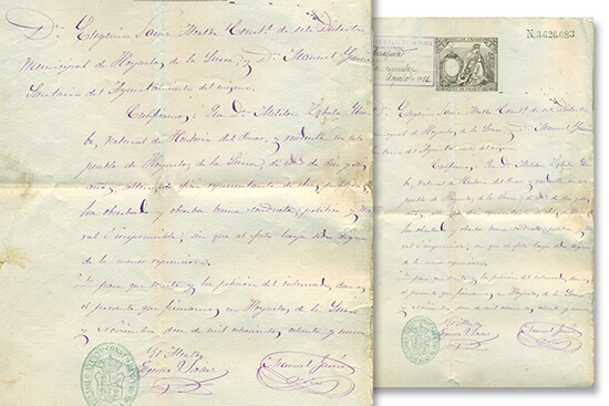 En 1889 el Alcalde de Hoyuelos de la Sierra, libra un salvoconducto a Melitón Zabala de 16 años para que pueda salir del país.