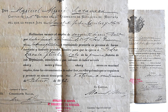 Documento de 1892 donde consta que Pedro Zabala es ascendido a Sargento de la 6ta Bateria del 2° Regimiento de Artillería de Montaña con base en Vitoria, actual capital del país Vasco.