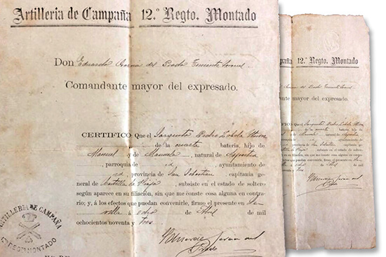 Documento expedido por el Comandante mayor, certificando que “Pedro subsiste en el estado de soltero… sin que conste cosa alguna en contrario”.