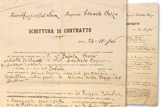 Contrato entre el Agente artístico Edoardo Cozzo y Pedro Zabala donde se lo contrata para representar el rol de Álvaro en la ópera <i>“La forza del destino”</i>.