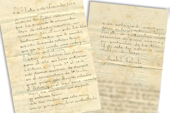 Carta de Isabel a su tío Pedro Zabala donde le cuenta que están por rendir examen en el Conservatorio.