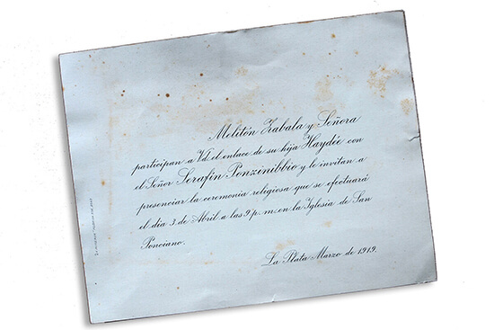 Tarjeta de enlace con Serafín Ponzinibbio en 1919.