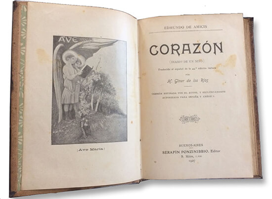 Primer traducción al español del libro Corazón, encargada por Serafín Ponzinibbio a Hermenegildo Giner de los Ríos en 1907.